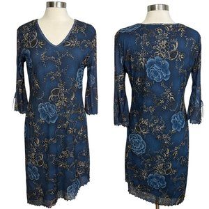 Vintage Y2K 90s Expressions MEDIUM Blue Floral Lettuce Hem V-Neck Midi Dress